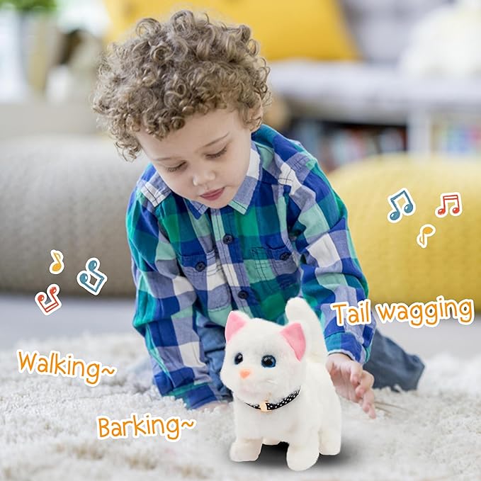 Easfan Walking Kitty Plush Toy Electric Interactive Cat Stuffed Animal Meowing Tail Wagging Head Nodding Cat Pet Toy Animated Kitten Birthday for Kids Toddlers,7.5’’ (White)