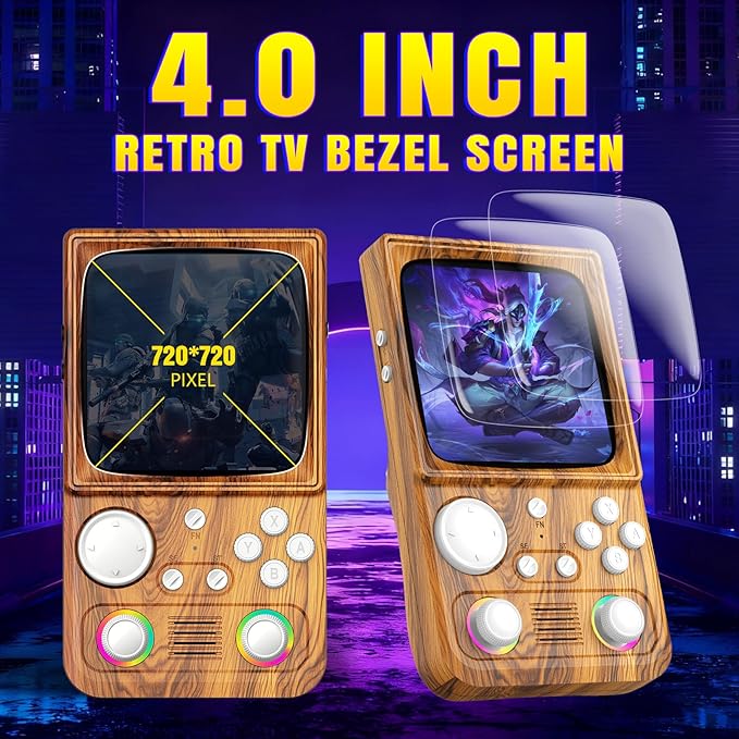 R36T MAX Upgraded Retro Handheld Game Console with 4000mAh Battery, 4.0'' IPS Screen, Retro Gaming Console with Portable Case, Supports WiFi Networked Fighting and OTG(Wood Grain Brown)