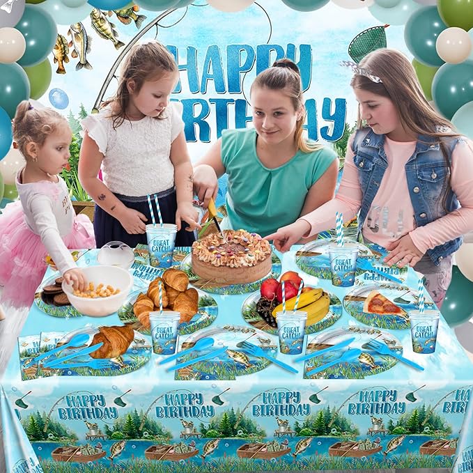 Fishing Birthday Party Decorations 274PCS Gone Fishing Plates Napkins Tablecloth Cups Balloons Banner All-in-1 Fish Party Decorations Birthday Party Supplies Serve 24