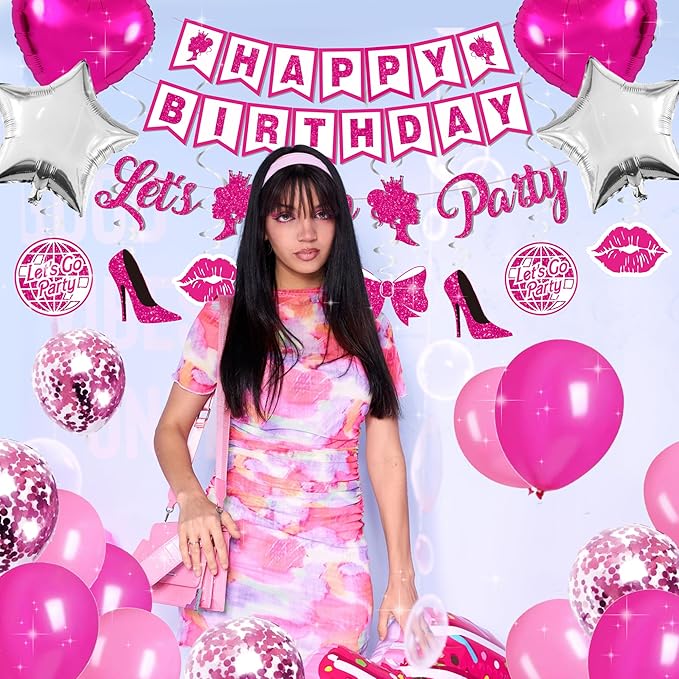 Hot Pink Birthday Party Decorations for Women Girls,Happy Birthday Banner,Hanging Swirl,Foil balloons,Party Supplies Decor for 10th 13th 16th 18th 21st