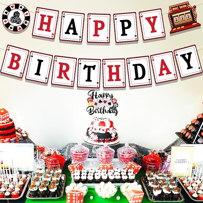 Casino Theme Party Decorations Poker Night Happy Birthday Banner With Glitter Las Vegas Casino Cake Decorations Poker Cake Topper Casino Party Supplies, Caisno