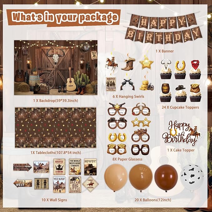 Western Party Decorations, Wild West Cowboy Retro Birthday Party Decor Supplies for Boy - Backdrop, Banner, Balloons, Tablecloth, Centerpieces, Hanging Swirl, Paper Glasses, Wall Signs