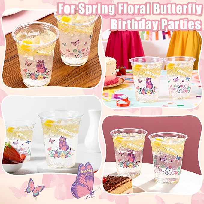 100 Pieces Butterfly Plastic Cups, 12 Oz Butterflies Floral Plastic Clear Disposable Drinking Cups for Spring Summer Party Favor Birthday Wedding Party Supplies