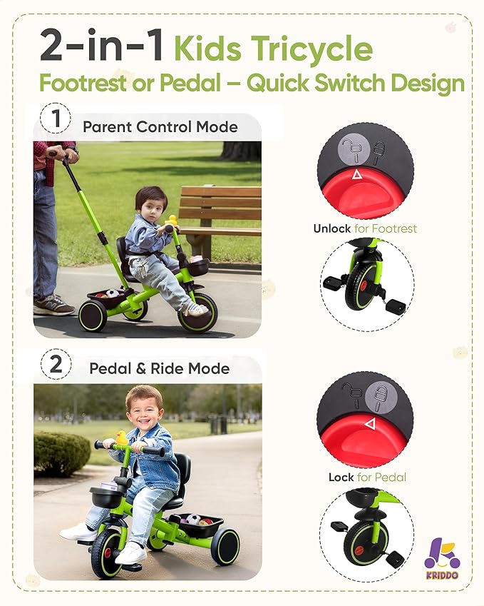 KRIDDO 2-in-1 Tricycle for Toddlers 1.5-5 Years, Push Tricycle with Parent Steering & Detachable Handle, 9-Stage Adjustable Handlebar, Toddler Trike with Safety Belt, Clutch Pedals & Dual Baskets, GN