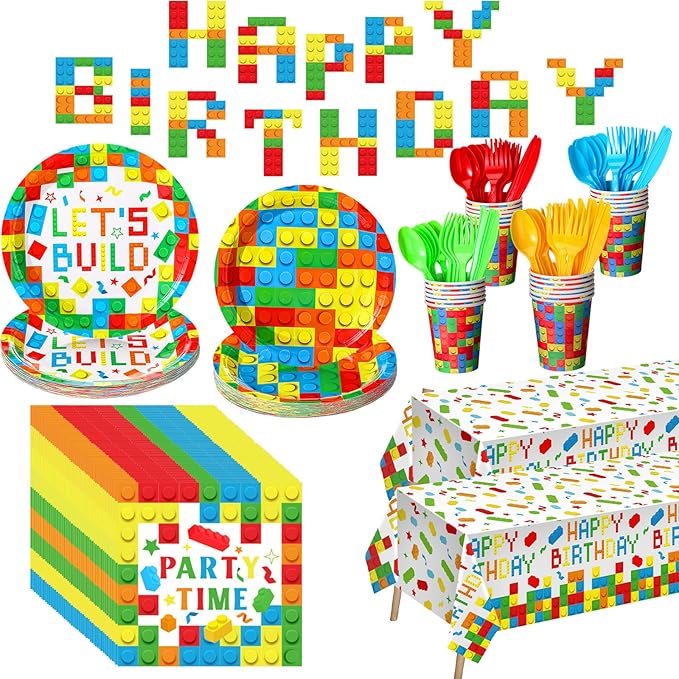 Gejoy 171 Pcs Building Block Birthday Party Supplies Tableware Kit Include Plates Cups Knives Forks Spoons Napkins Tablecloths Banner for Girls Birthday Party Decoration Serve 24 Guest (Classic Color)