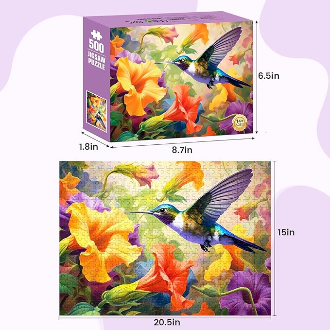 500 Piece Puzzle for Adults, Jigsaw Puzzles,Flower Hummingbird Jigsaw Puzzles 500 Pieces Birthday Party for Family Adults Funny Puzzle
