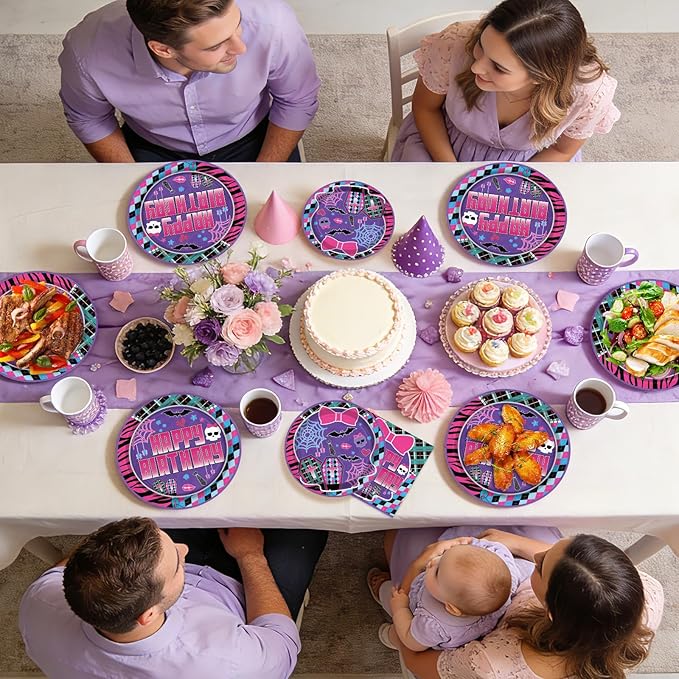 96 Pcs Monster Girl High Birthday Party Supplies Monster Skull Plates and Napkins Purple Belted Skull Tableware Set for Girls Baby Shower Birthday Themed Parties Supplies, Serves 24