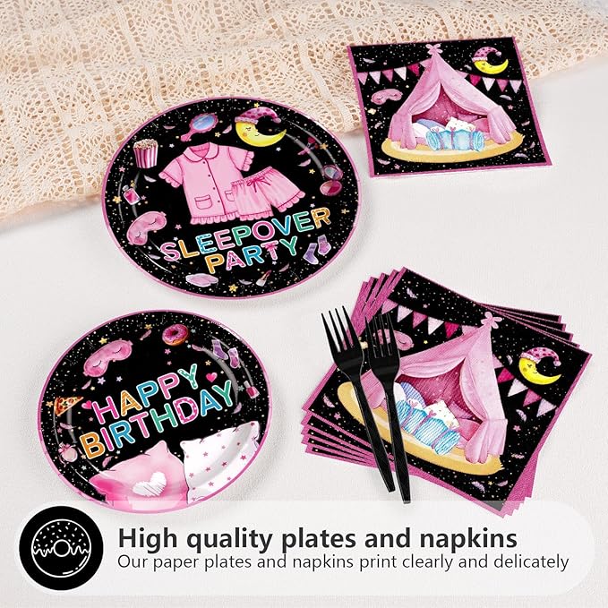 Grencian 96 Pcs Sleepover Birthday Party Supplies Black Sleepover Plates and Napkins Disposable Tableware Set Pajama Party Decorations for Girls Slumber Themed Birthday Decorations Serves 24