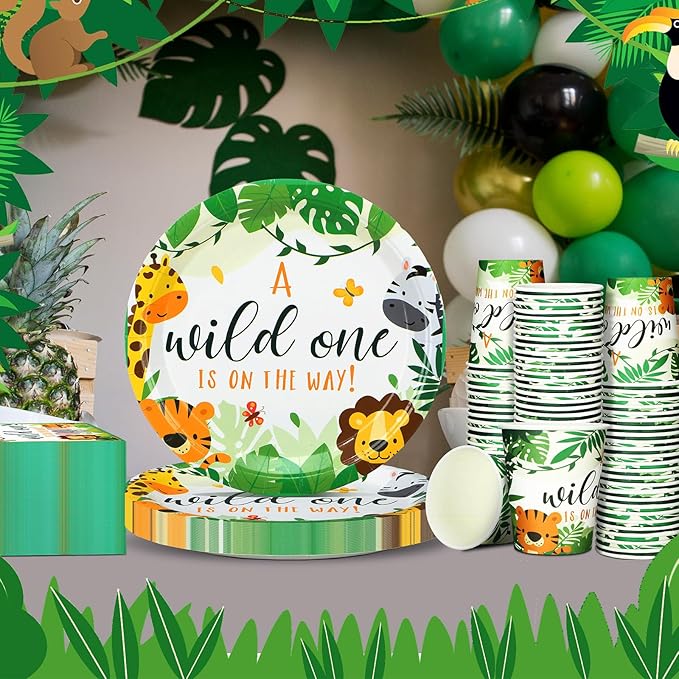 200 Pcs Jungle Safari Baby Shower Paper Plates Napkins Cups Baby Shower Party Supplies Tableware Set Jungle Animal Disposable Cup Napkin for 50 Guest Girls Spring Party Decoration