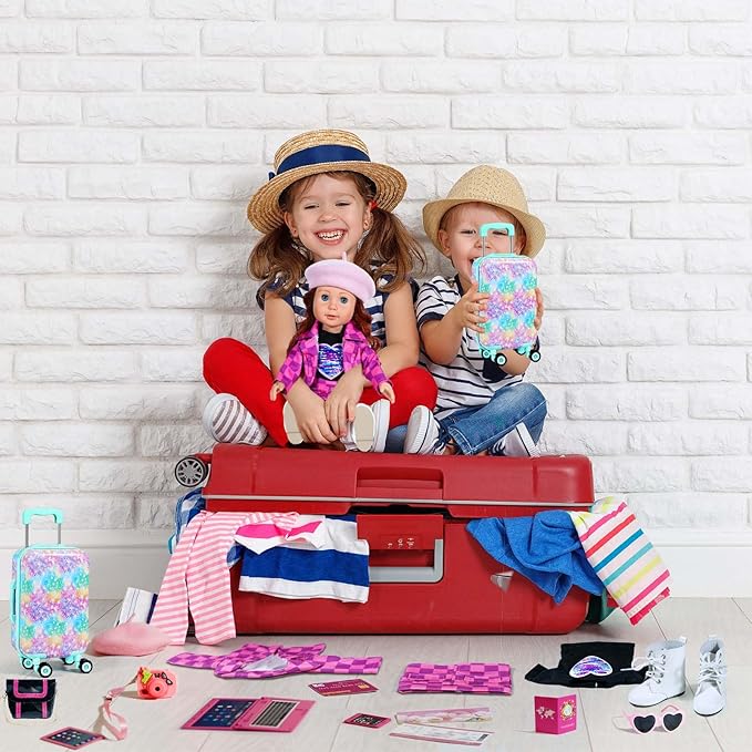 American 18 inch Doll Clothes Accessories Girl Suitcase Luggage Travel Set-Doll Clothing Hat Handbag Sunglasses Camera Computer Passport Cell Phone for Valentine's Day Birthday(NO Doll)
