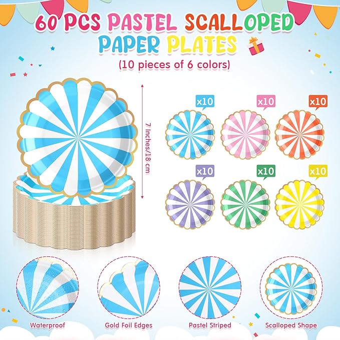 Mimorou 300 Pcs Pastel Scalloped Paper Plates Disposable Macaron Party Plates 7 Inch Gold Edge Colorful Dinnerware Set Striped Pastel Rainbow Tableware for Wedding Birthday Baby Shower Party Supplies