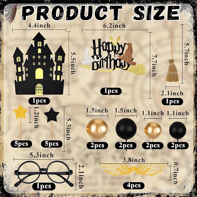 Wizard Cake Topper 26PCS Magical Wizard Themed Cake Decoration Black and Gold Ball Cupcake Cake Picks with Glasses Tie Wings Stars for Halloween Birthday Magical School Party Supplies