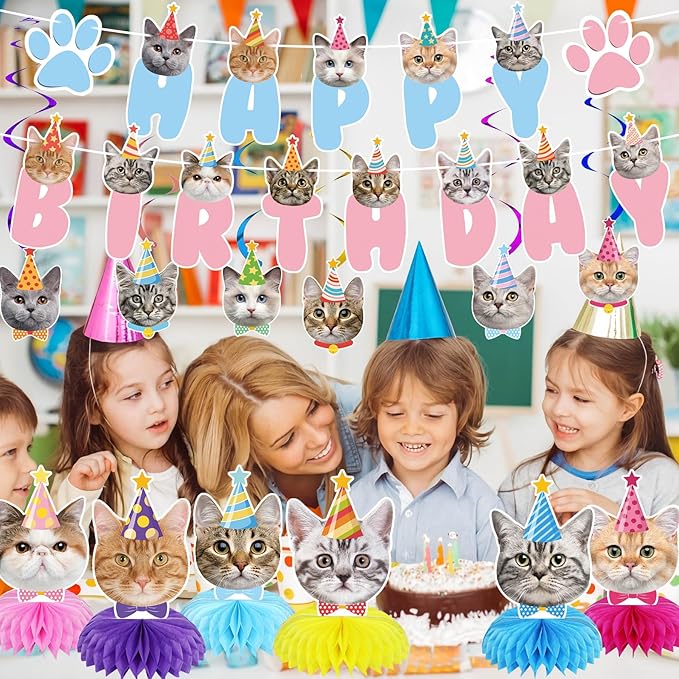 Cat Birthday Party Supplies Cat Birthday Party Decorations, Cat Themed Birthday Party Supplies Includes 1 Birthday Banner, 6 Cat Honeycomb Centerpieces, 6 Hanging Swirls with 6 Cat Cutouts