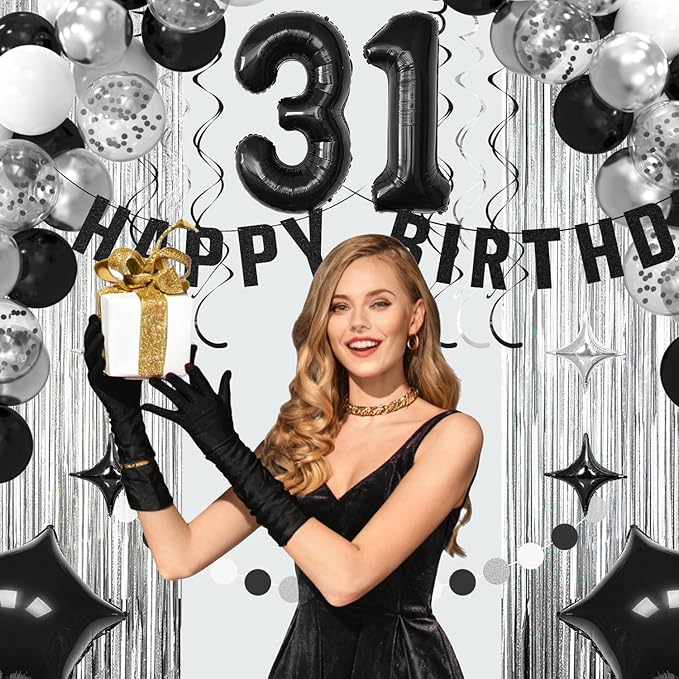 31th Birthday Decorations for Men Women- Black Silver Happy 31th Birthday Party Decor With Banner Backdrop,Number 31 Foil Balloon -Black White Balloons Garland Arch Kit for 31 Years Old