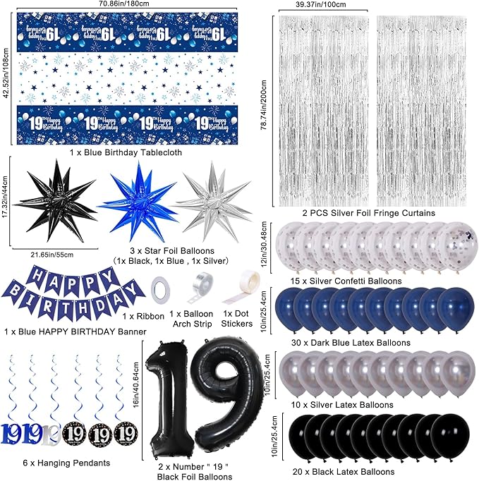 19th Birthday Decorations for Boys and Girls Dark Blue, 19 Birthday Decorations with HAPPY BIRTHDAY Banner 19 Balloon Number Tablecloth Foil Star Balloons Garland Arch Kit-19 Year Old Party Supplies