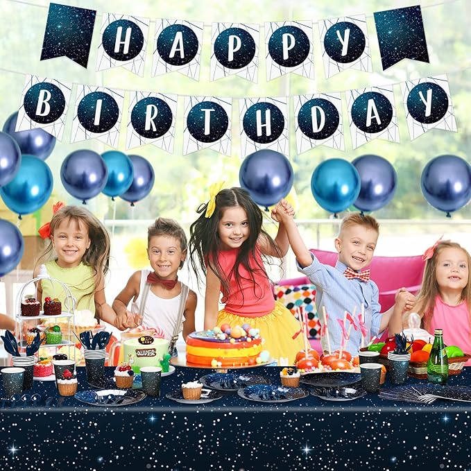 Tiamon 171 Pcs Galaxy Space Party Decoration Tableware Set Space Theme Birthday Decoration Galaxy Tablecloth Paper Plates Napkins, Birthday Banner for 24 Guests Party Supplies (Fresh Style)