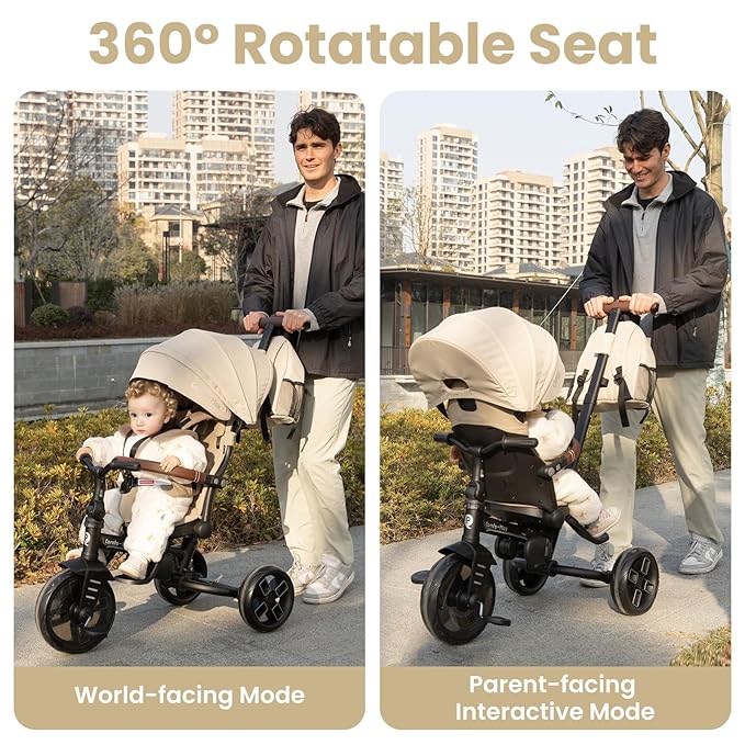 QPlay Toddler Bike Stroller for Baby 10 Months to 6 Years Old, 8-in-1 Foldable Stroller Bike for Toddlers 3-5 Boys & Girls Gifts Trike — Adjustable Handle, Triple Footrest, Canopy & Storage Bag