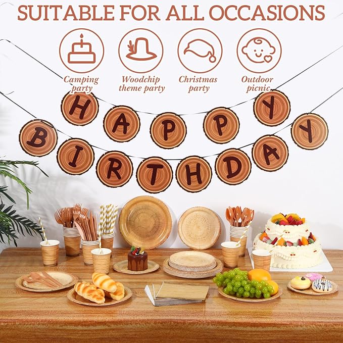 Sawysine 202 Pcs Wood Grain Party Supplies Disposable Dinnerware Set 50 Plates 25 Cups 25 Napkins 25 Plastic Forks 25 Knives 25 Spoons 25 Straw Flag Tablecloth to Serve 25 Guests