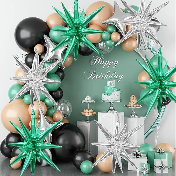 6 Pcs Silver Star Foil Balloons One-Piece 14-Pointed Star Balloon 4D Starburst Cone Mylar Balloon 22inch Christmas Birthday Wedding Wedding Anniversary Party Supplies (Silver + Green)