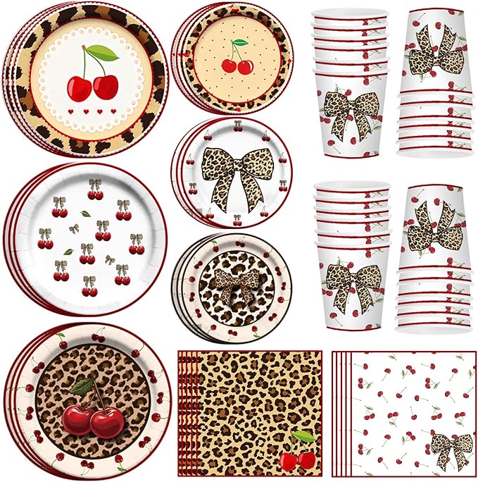 120PCS Cheetah Print Birthday Decorations Plates, Leopard Print Party Paper Plates Napkins and Cups, Leopard Cherry Theme Disposable Dinner Plate Tableware, Animal Print Plates Party Supplies Serve 30