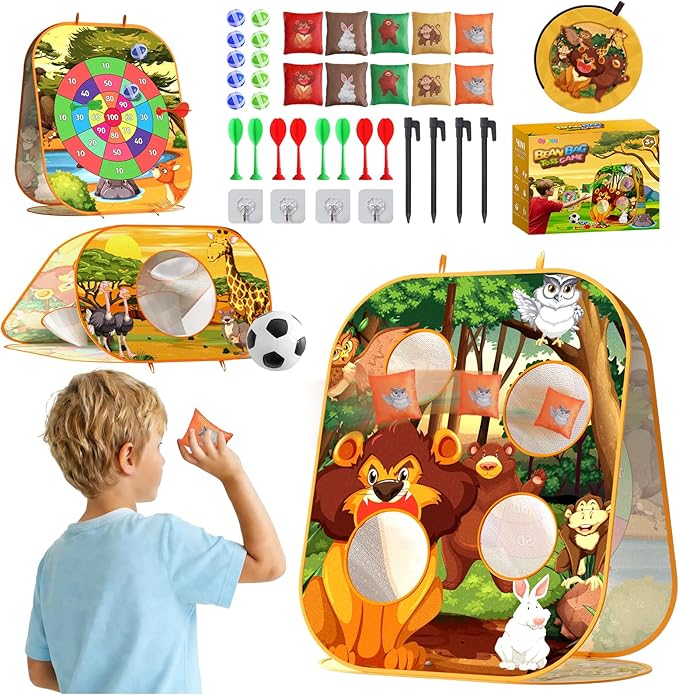 4-in-1 Animal Bean Bag Toss Game for Kids, Cornhole Board Set with Dart Board for Toddler Outdoor Toys, Family Party Game Backyard Beach Lawn Activities Gift for Boys & Girls Ages 3 4 5 6 7 8
