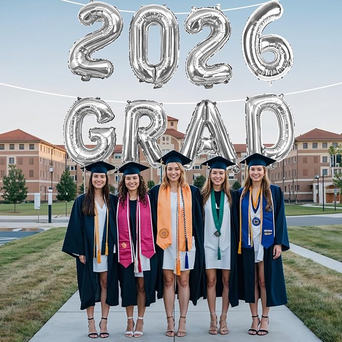Silver 2026 GRAD Foil Balloons, 16 Inch Metallic Silver Grad Congrats Balloons Banner for Graduation Decorations 2026, College High School Class of 2026 Graduate Congratulations Party Decor Supplies