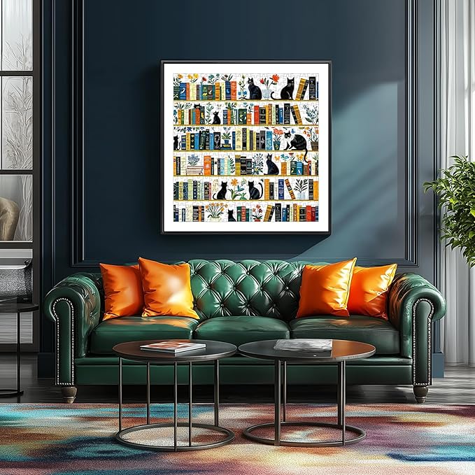 Aesthetic Black Cat Bookshelf 500 Piece Jigsaw Puzzle for Adults, Vintage Botanical Flower Art Puzzle, Gift for Cat and Book Lovers 20x20 Inch