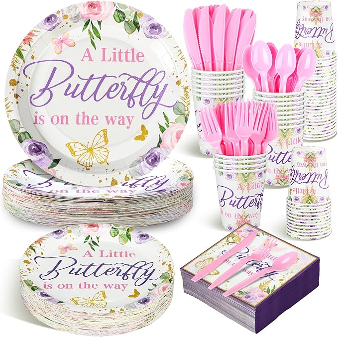 Dandat 350 Pcs Baby Shower Plates Set Baby Shower Party Supplies Serves 50 Tableware Sets Include Plates Napkin Cup Forks Knives Spoons Disposable Dinnerware(Butterfly,Purple)