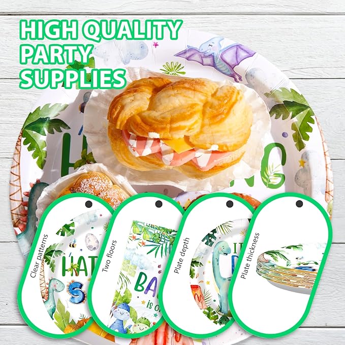 Grencian 96Pcs Dinosaur Baby Shower Decorations Watercolor Dinosaur Plates and Napkins Disposable Hatching Soon Baby Shower Tableware Set for Dino Baby Shower Boy Birthday Party Supplies, Serves 24
