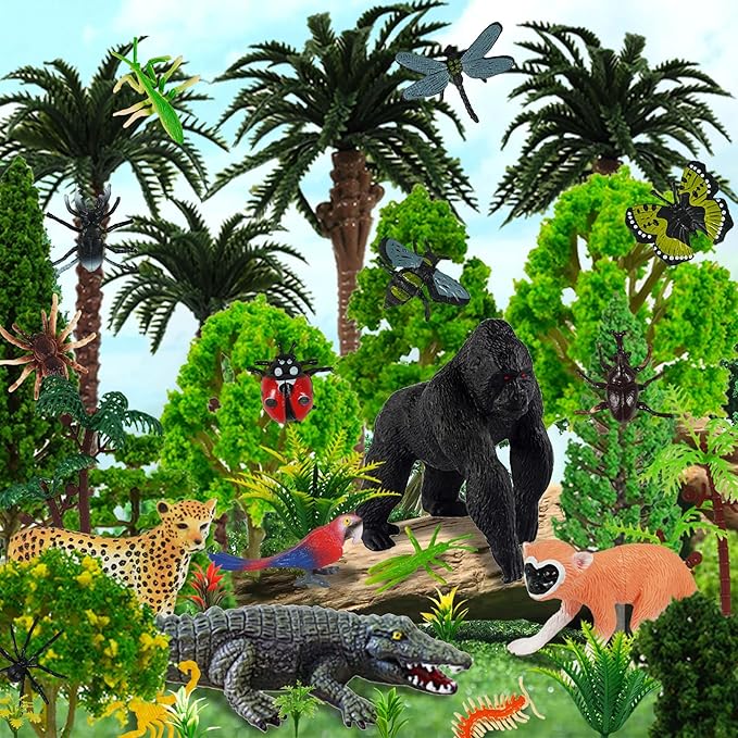45 PCS Rainforest Animals Insect Figures Mixed Plastic Model Trees Forest for Rainforest Cake Topper Birthday Party Supplies Decorations