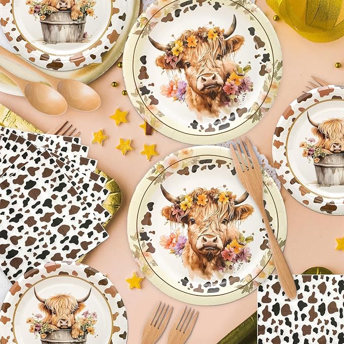 180PCS Highland Cow Party Supplies Serve 60, Brown Cow Paper Plates and Napkins Kit for Highland Cattle Farm Animals Birthday Party Decorations, Includes Dinner Plates, Dessert Plates, Napkins