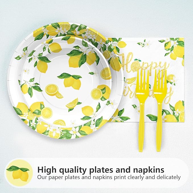Grencian 96PCS Lemon Party Decorations Lemon Birthday Party Plates Disposable Yellow Lemons Paper Tableware Set for Lemon Birthday Lemon Baby Shower Summer Fruit Themed Party, Serves 24