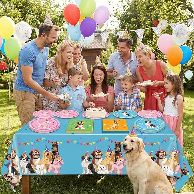 41Pcs Pet Dog Birthday Party Supplies Retro Dog Paper Plates and Napkins Colorful Puppy Birthday Plastic Tablecloth Tableware Disposable Pet Dinnerware Decor Set for Kids Party Baby Shower Table Decor