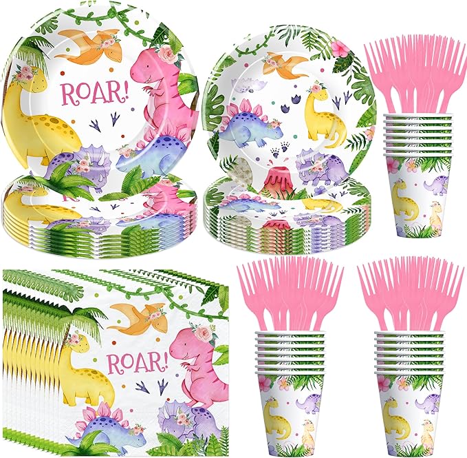 Dinosaur Party Decorations Tableware For Girl Birthday Baby Shower, Pink Dino Dinosaur Birthday Party Supplies, Paper Plate, Cup, Napkin, Disposable Fork , 24 Guests
