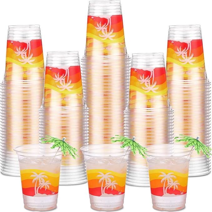 Rtteri 100 Pcs 12oz Luau Cups Plastic Hawaiian Coconut Tree Drinking Cups Bulk Disposable Palm Tree Tiki Drinkware for Summer Beach Party Supplies Luau Hawaiian Decorations(Beach)