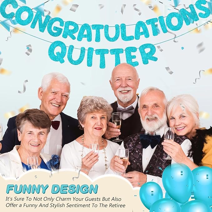 Fulmoon Pre Strung Congratulations Quitter Glitter Banner Funny Retirement Banner Graduation Party Decorations Going Away Supplies Garland for Men Women Gifts, No DIY(Sky Blue)