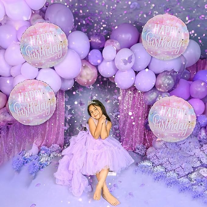18 Inch Happy Birthday Foil Balloons, 4Pcs Pastel Pink Purple Blue Cloud Helium Mylar Round Birthday Balloons with Stars for Teen Girl Women Outer Space Starry Galaxy Baby Shower Party Decorations