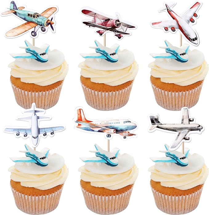 36 Pack Airplane Cupcake Toppers Glitter Plane Cupcake Picks for Baby Shower Aviation Fighter Theme Birthday Party Cake Decorations Supplies