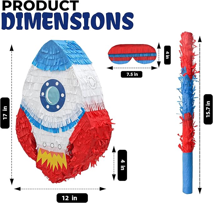 Rocket Pinatas Bundle with a Blindfold and Bat(16.5x11.4x4 Inches), Perfect for Boy's Birthday Party Supplies, Space Theme Birthday, Decoration for Kids Party