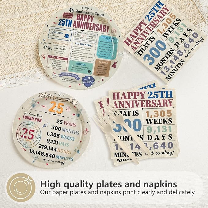96Pcs 25th Anniversary Party Decorations Retro 25 Years Wedding Aday Plates and Napkins Happy 25th Anniversary Disposable Tableware Set for Vintage 25 Year Wedding Party Supplies Serves 24
