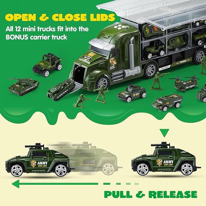 JOYIN 25 in 1 Military Kids Truck Toys for Age 3+, Toddler Boy Toys, Army Men Tanks Set with Soldier Men, Mini Battle Cars in Carrier Truck with Lights and Sounds, Gifts for Grandkids, Easter Basket