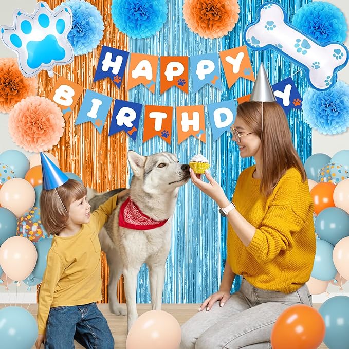 Ouddy Life Blue and Orange Party Decorations, Dusty Pastel Blue Boy Birthday Supplies Confetti Balloons Banner Dog Paw Bone Foil Paper Pompoms Fringe Curtain for Girls Kids Baby Shower Boho Decor