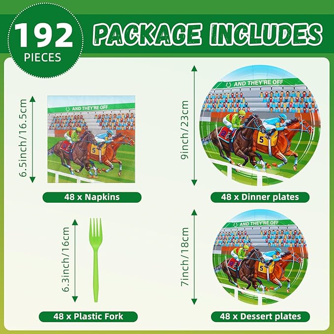 Roshtia 192 Pcs Derby Party Supplies for Horse Racing Party Decorations Derby Day Party Tableware Set Horse Theme Birthday Party Paper Plates Napkins Fork for 48 Guests (Classic)