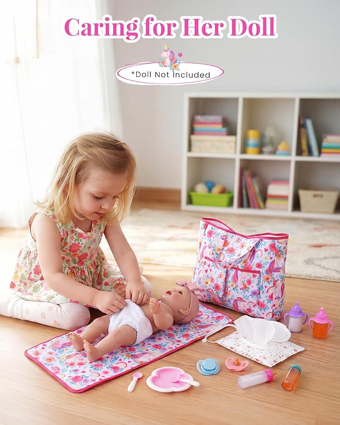 BABESIDE 14 Pcs Baby Doll Diaper Bag Set with Magic Bottles, Baby Doll Accessories Includes Changing Mat, Diapers and Bottle with Disappearing Milk for 12-16 Inches Dolls Kids Gift