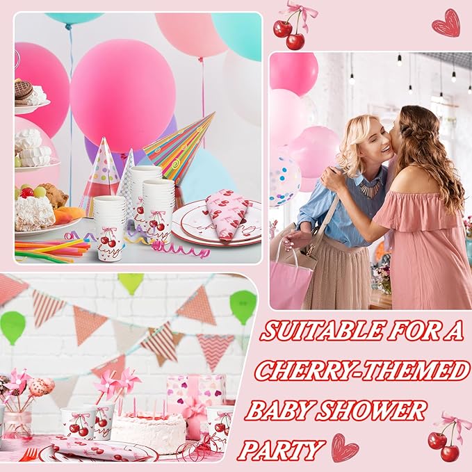 168 Pcs She's Ready to Pop Cherry Bow Baby Shower Decorations Cherry Paper Plates and Napkins Coquette Party Supply Galentine's Valentine's Day Birthday Tableware for 24 Guests Bridal Wedding