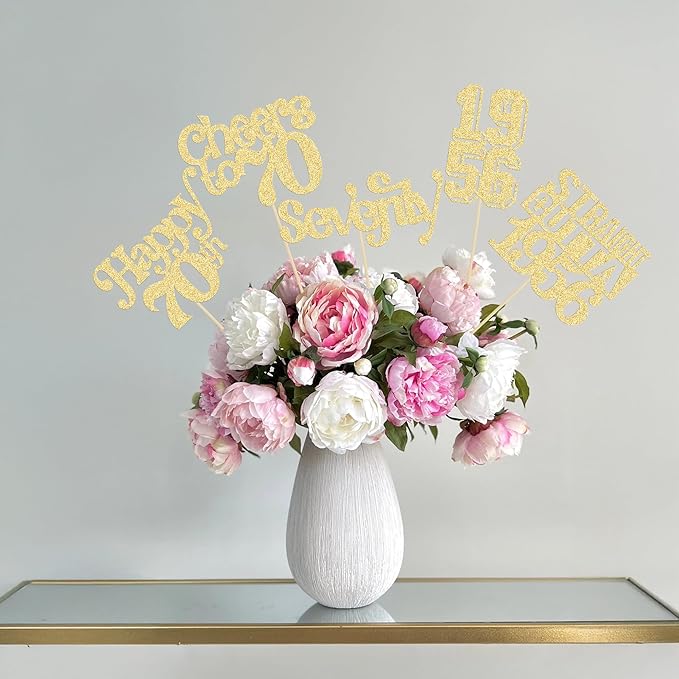 Gyufise 15Pcs Happy 70th Birthday Centerpiece Sticks Seventy Straight Outta 1956 Table Flower Centerpieces Sticks Decorations for Cheers to 70th Birthday Party Supplies Gold