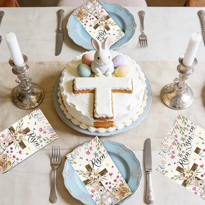 100Pcs He Is Risen Easter Napkins - Watercolor Bunny Rabbit Flower Egg Party Napkins Spring Floral Theme Party Supplies Disposable Luncheon Dinner Napkins 7.8" x4.3" for Tea Party Kitchen