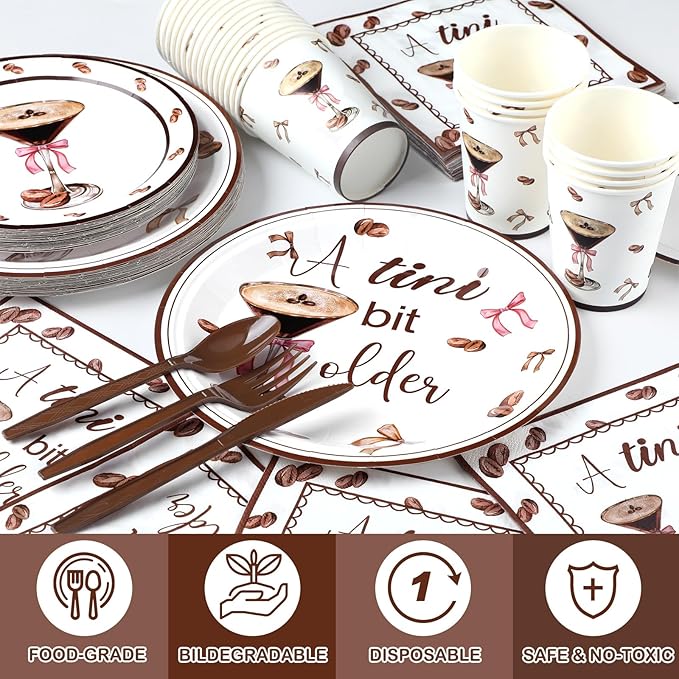 168 Pcs 24 Sets A Tini Bit Older Birthday Decoration, Espresso Martini Paper Plates Napkins and Cups, Espresso Dessert Party Tableware Set, Dinnerware for Party Supplies Wedding