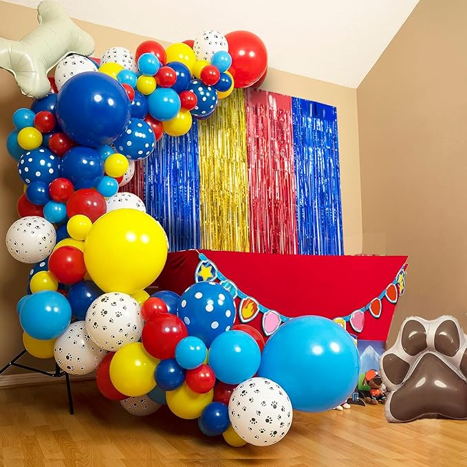 Paw Birthday Decorations, including 2Pack Gold Red Blue Tinsel Foil Fringe Curtains 3.3 x 6.6ft, 1Pack Dog Patrol Themed Birthday Banner & 22pcs Balloons for Paw Birthday Party Photo Props Backdrop