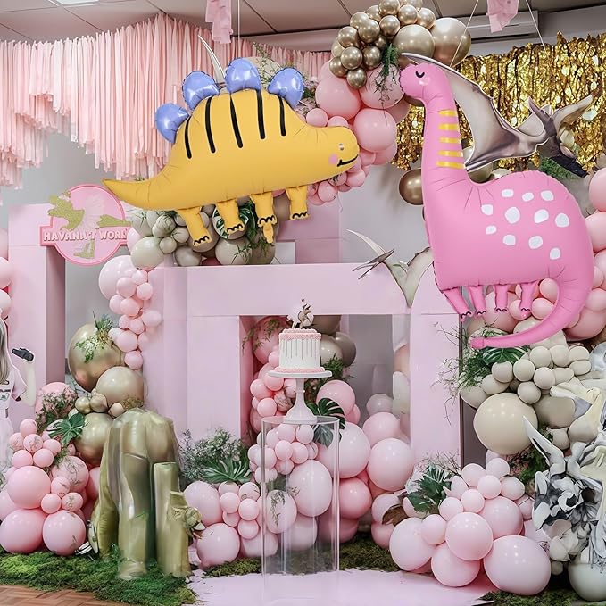 Giant Dinosaur Foil Balloons, 38-43 Inch Big Cute Pink Yellow Dinosaur Helium Inflatable Foil Balloon for Girls 1st 3rd Dino Theme Birthday Baby Shower Kindergarten Jungle Party Decorations Supplies